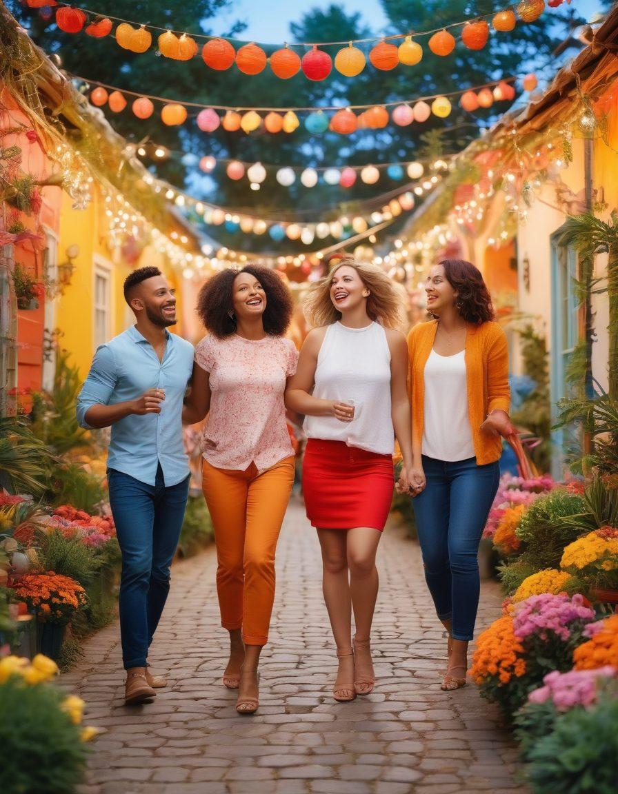 A vibrant and playful scene depicting a diverse group of cheerful adults enjoying a lively outdoor celebration, surrounded by colorful decorations and whimsical elements. The atmosphere radiates joy and intimacy, with soft lighting and playful poses capturing the essence of fun and positivity. Emphasize the diversity in body shapes and expressions to reflect curvaceous charm. Bright colors and a lively background enhance the allure of the scene. super-realistic. vibrant colors. 3D.