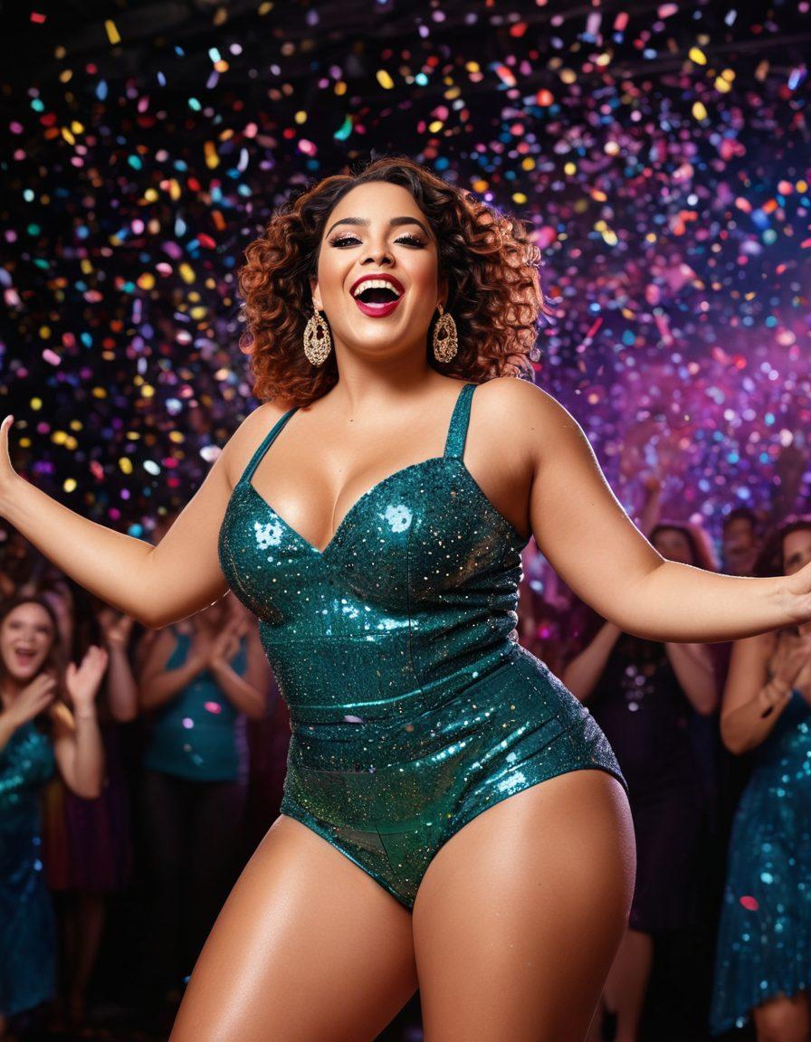 A lively scene depicting a curvy solo performer bursting with joy on stage, surrounded by colorful confetti and dynamic lighting. The performer wears a dazzling, sequined outfit, exuding confidence and charisma. In the background, an energetic audience is captivated, their expressions full of delight. Incorporate bright, cheerful colors to enhance the vibrant atmosphere. super-realistic. vibrant colors. dramatic lighting.