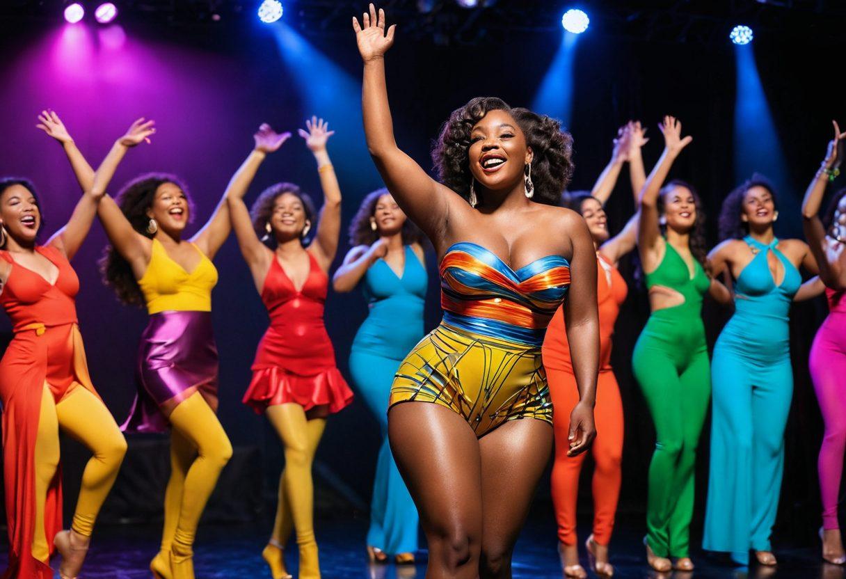 A vibrant stage featuring a lively solo performer entertaining a diverse audience, with curvy models embodying confidence and joy. The scene should showcase colorful spotlights illuminating the happiness and energy of the moment, surrounded by elegantly dressed spectators. Emphasize the expressive body language of the models, highlighting their grace and charisma. The background should include artistic elements that represent the art of performance, such as musical notes and abstract shapes. super-realistic. vibrant colors. dynamic composition.